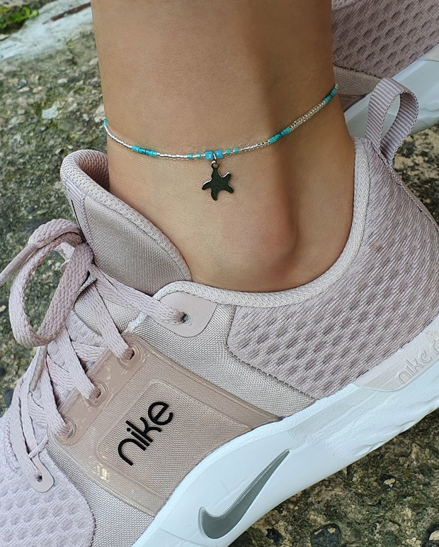 Anklet gri / turcoaz cu charm steluță de mare