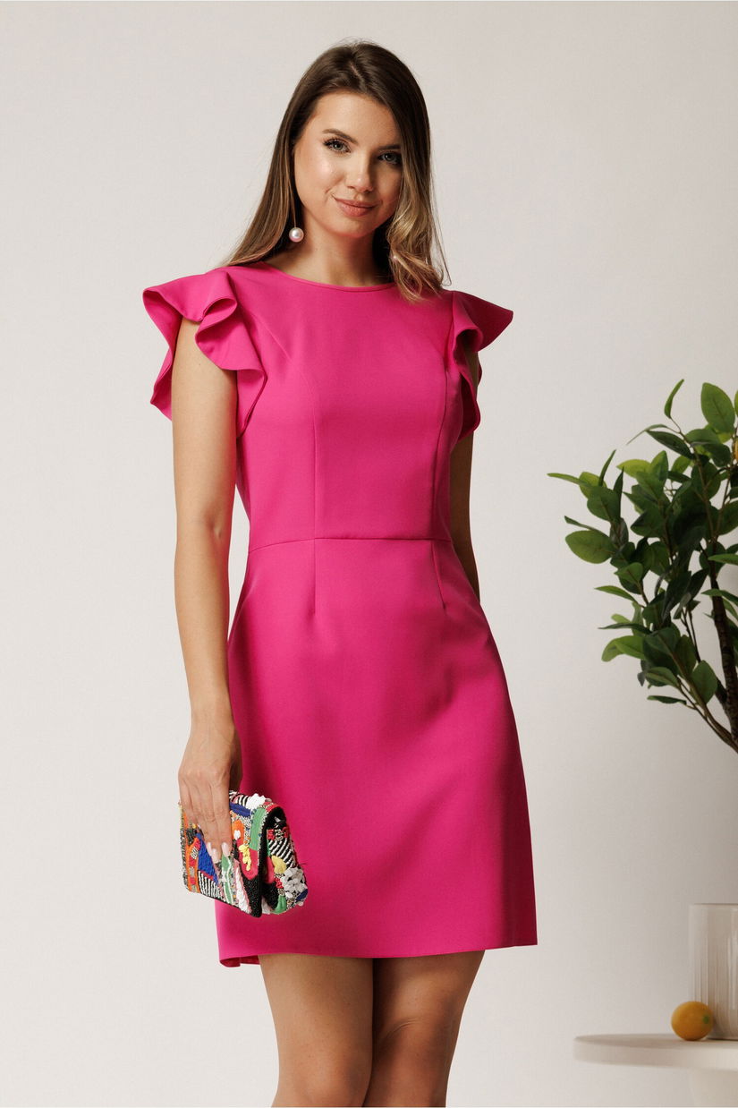 Rochie scurta fucsia din stofa cu funda maxi la spate