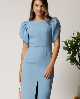 Rochie midi bleu din stofa cu croi conic si maneci tip lalea