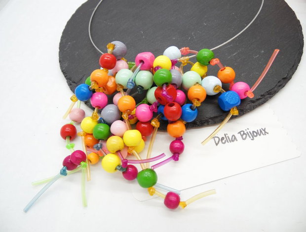 Colier statement unicat multicolor Margele de lemn și tuburi de silicon (cod1273)