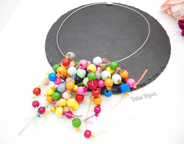 Colier statement unicat multicolor Margele de lemn și tuburi de silicon (cod1273)
