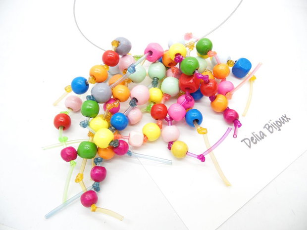 Colier statement unicat multicolor Margele de lemn și tuburi de silicon (cod1273)