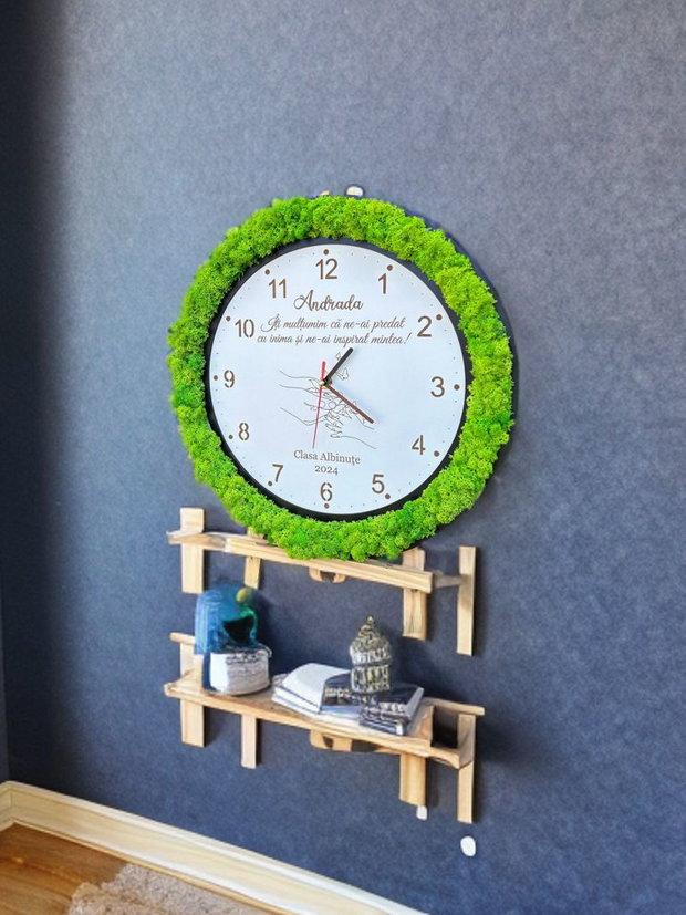 Ceas Personalizat cu Licheni Verzi 40 cm, Cadou pentru Cadre Didactice sau Aniversări