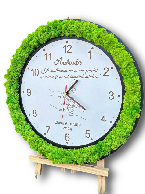Ceas Personalizat cu Licheni Verzi 40 cm, Cadou pentru Cadre Didactice sau Aniversări