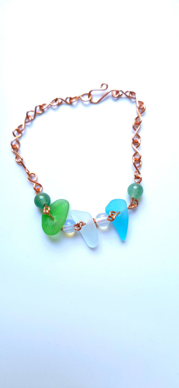 Brataradin cupru cu sticla de mare-sea glass, aventurin si opalit