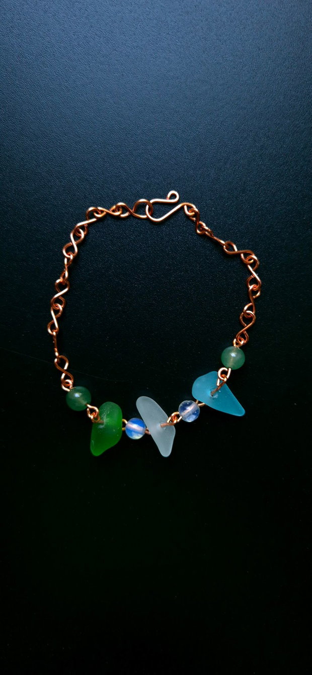 Brataradin cupru cu sticla de mare-sea glass, aventurin si opalit