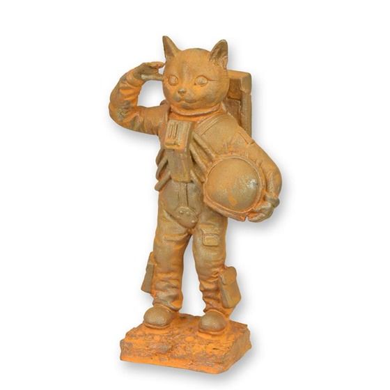 Pisica astronaut-statueta din fonta antik rusty