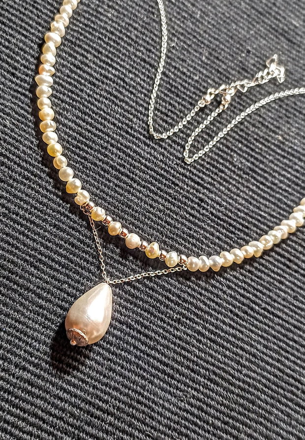 Colier argint perle naturale de cultura baroc mini perla seashell picatura lant argint minimalist boho chic trendy - Transport gratuit