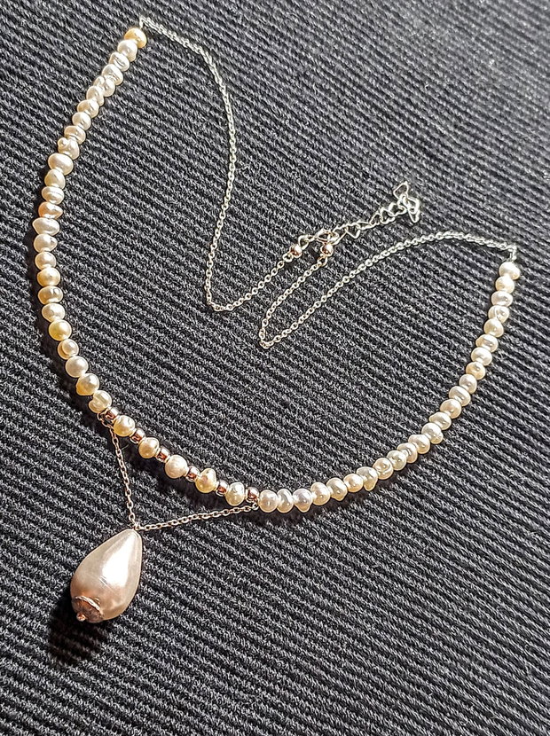 Colier argint perle naturale de cultura baroc mini perla seashell picatura lant argint minimalist boho chic trendy - Transport gratuit