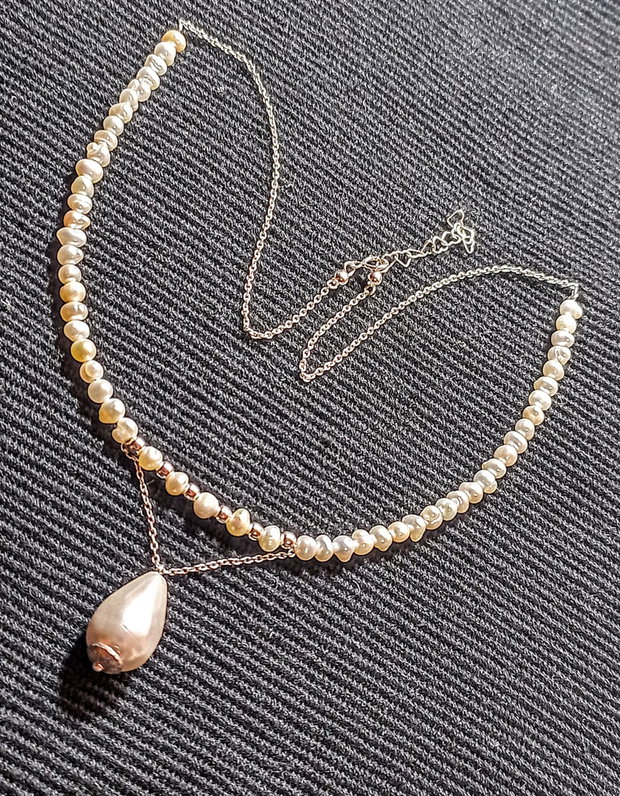 Colier argint perle naturale de cultura baroc mini perla seashell picatura lant argint minimalist boho chic trendy - Transport gratuit