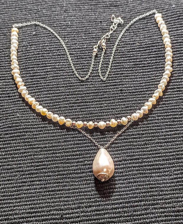 Colier argint perle naturale de cultura baroc mini perla seashell picatura lant argint minimalist boho chic trendy - Transport gratuit