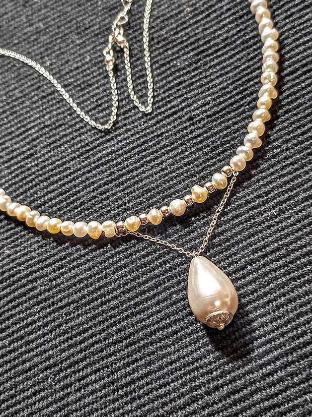 Colier argint perle naturale de cultura baroc mini perla seashell picatura lant argint minimalist boho chic trendy - Transport gratuit