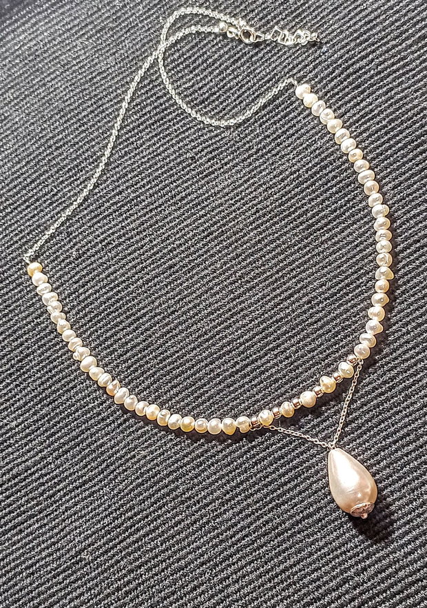 Colier argint perle naturale de cultura baroc mini perla seashell picatura lant argint minimalist boho chic trendy - Transport gratuit