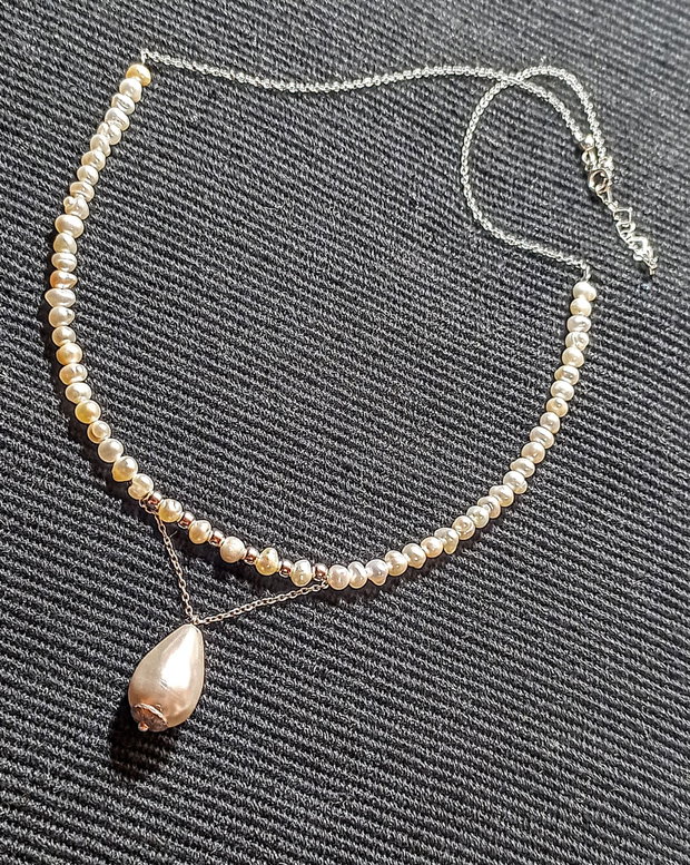 Colier argint perle naturale de cultura baroc mini perla seashell picatura lant argint minimalist boho chic trendy - Transport gratuit