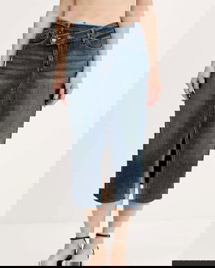 Desigual fusta jeans TWISTED culoarea albastru marin, midi, creion, 25WWFD03