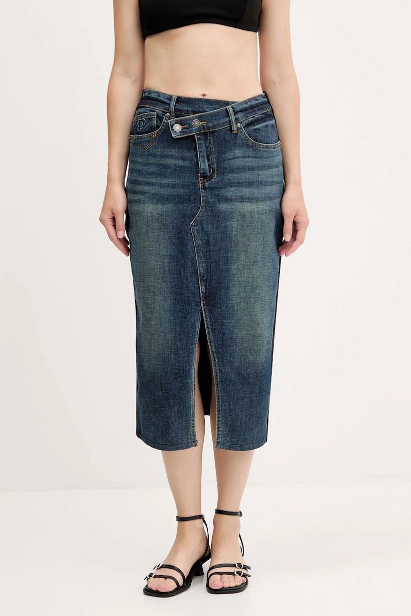 Desigual fusta jeans TWISTED culoarea albastru marin, midi, creion, 25WWFD03