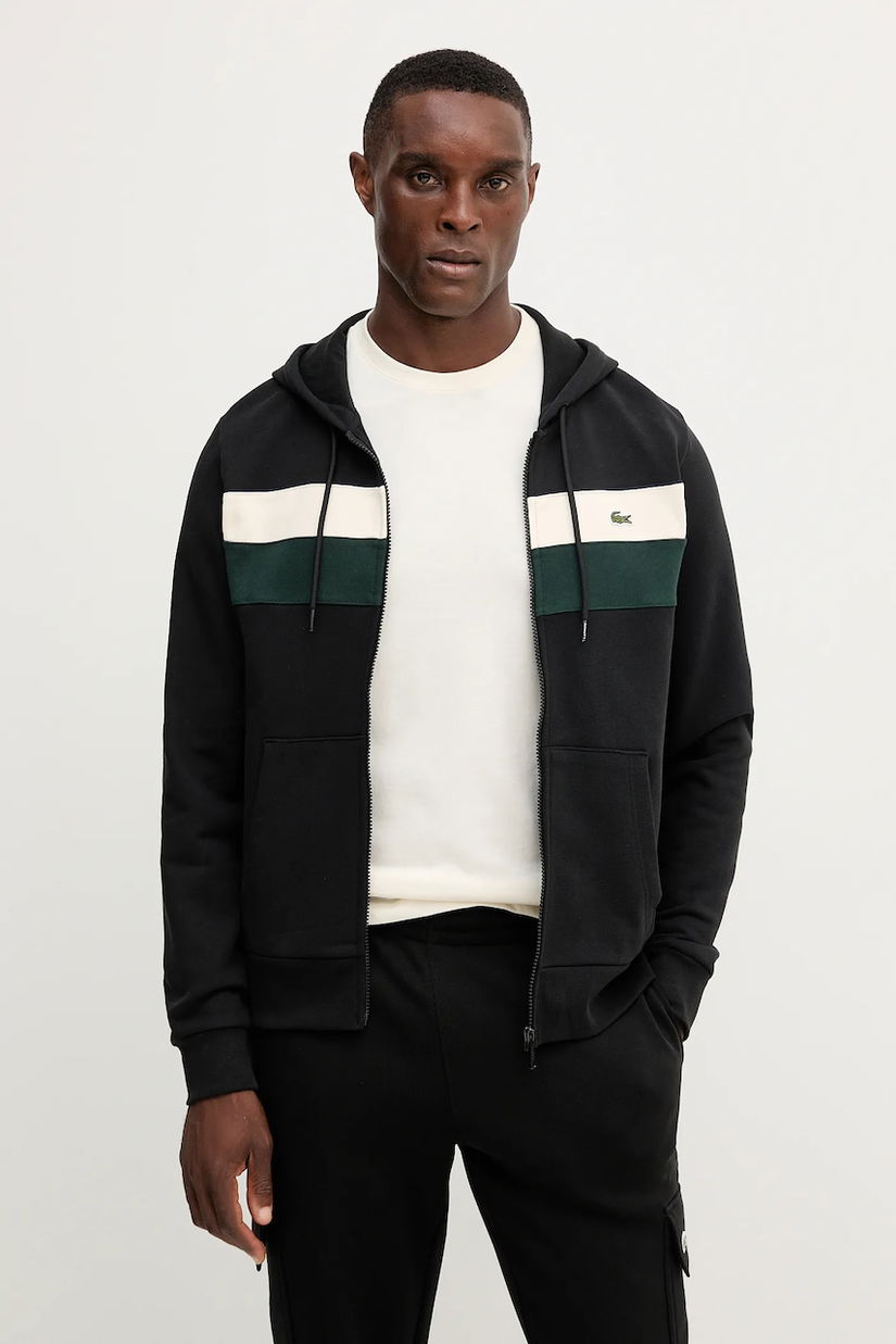 Lacoste hanorac de bumbac culoarea negru, cu glugă, modelator, SH5913