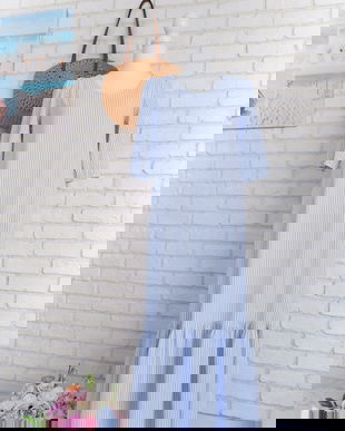 Rochie Lunga Volan Muselina Dungi Alb Bleu