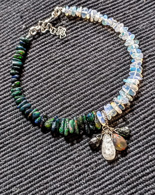 Bratara argint opal de foc etiopian negru alb piatra lunii turmalina neagra briolete contrast boho chic trendy - Transport gratuit