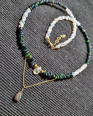 Colier vermeil opal de foc etiopian alb negru piatra lunii brioleta fatetata lant argint placat cu aur contrast minimalist boho chic trendy - Transport gratuit