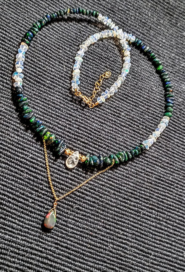Colier vermeil opal de foc etiopian alb negru piatra lunii brioleta fatetata lant argint placat cu aur contrast minimalist boho chic trendy - Transport gratuit