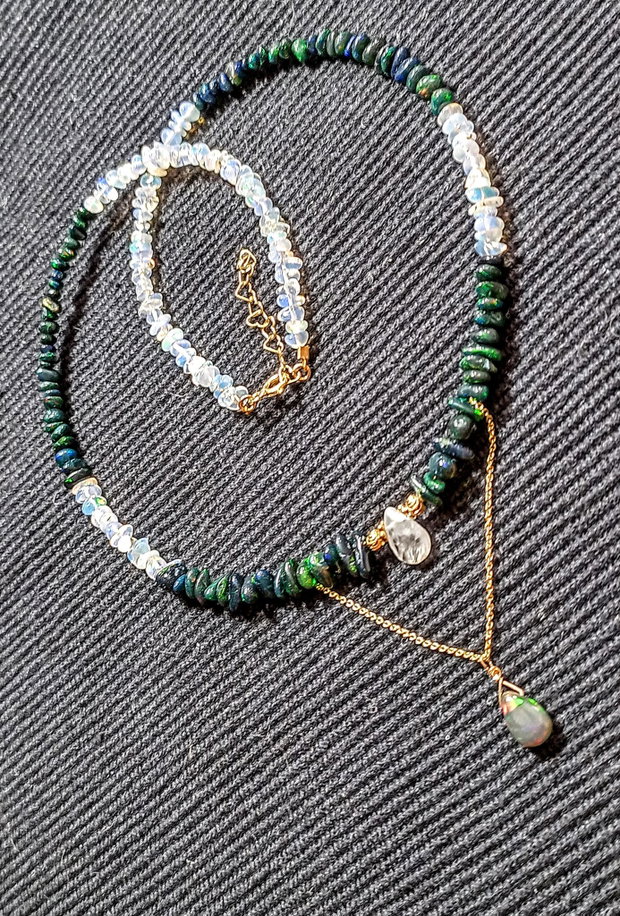 Colier vermeil opal de foc etiopian alb negru piatra lunii brioleta fatetata lant argint placat cu aur contrast minimalist boho chic trendy - Transport gratuit
