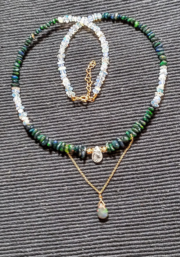 Colier vermeil opal de foc etiopian alb negru piatra lunii brioleta fatetata lant argint placat cu aur contrast minimalist boho chic trendy - Transport gratuit