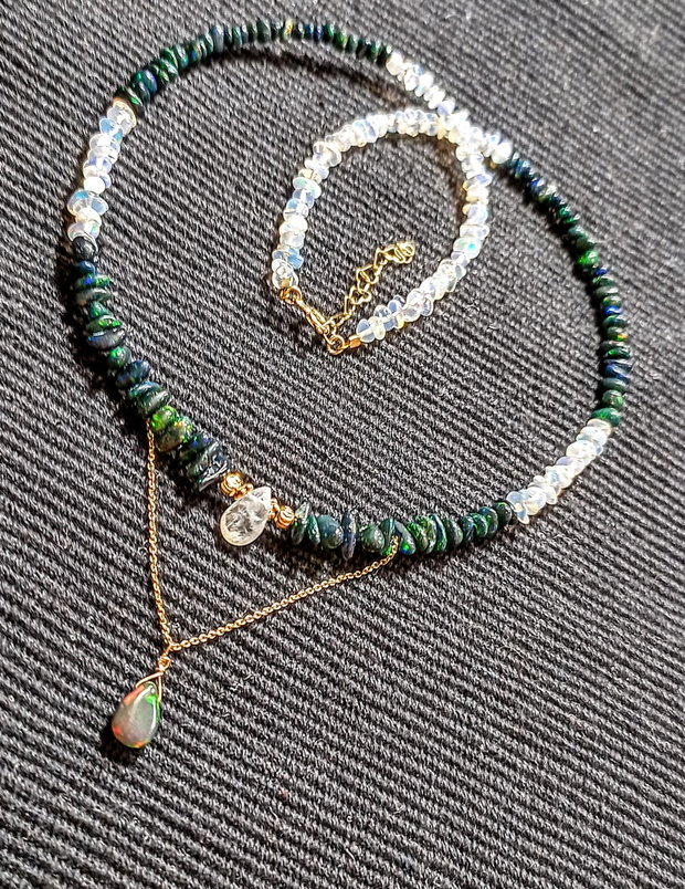 Colier vermeil opal de foc etiopian alb negru piatra lunii brioleta fatetata lant argint placat cu aur contrast minimalist boho chic trendy - Transport gratuit