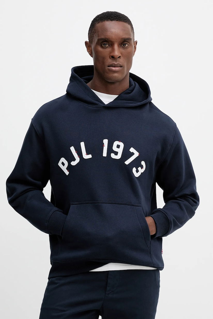 Pepe Jeans hanorac de bumbac culoarea bleumarin, cu glugă, cu imprimeu, PM5800006