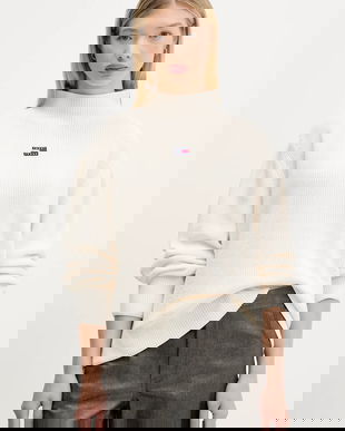 Tommy Jeans pulover de bumbac culoarea bej, cu turtleneck, DW0DW21676