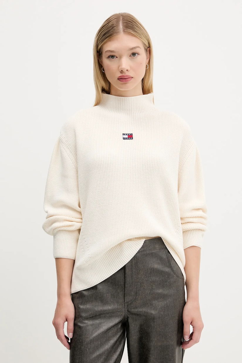 Tommy Jeans pulover de bumbac culoarea bej, cu turtleneck, DW0DW21676