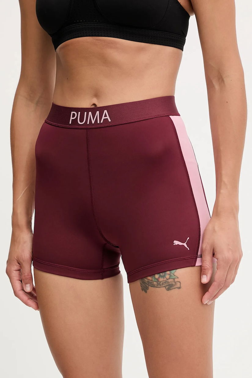 Puma pantaloni scurți de antrenament culoarea bordo, neted, medium waist, 526680