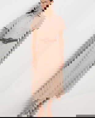 Medicine rochie din amestec de in culoarea bej, midi, evazati