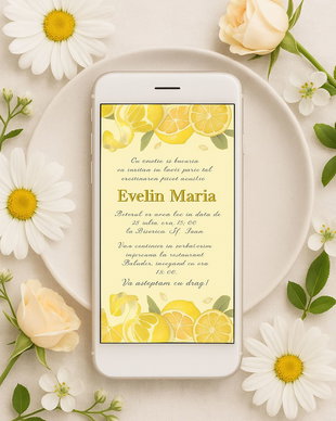 Invitație digitală pentru botez  Design cu lămâi, elegantă și fresh