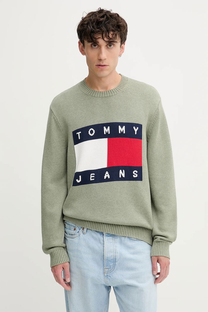 Tommy Jeans pulover de bumbac culoarea verde, light, DM0DM22105