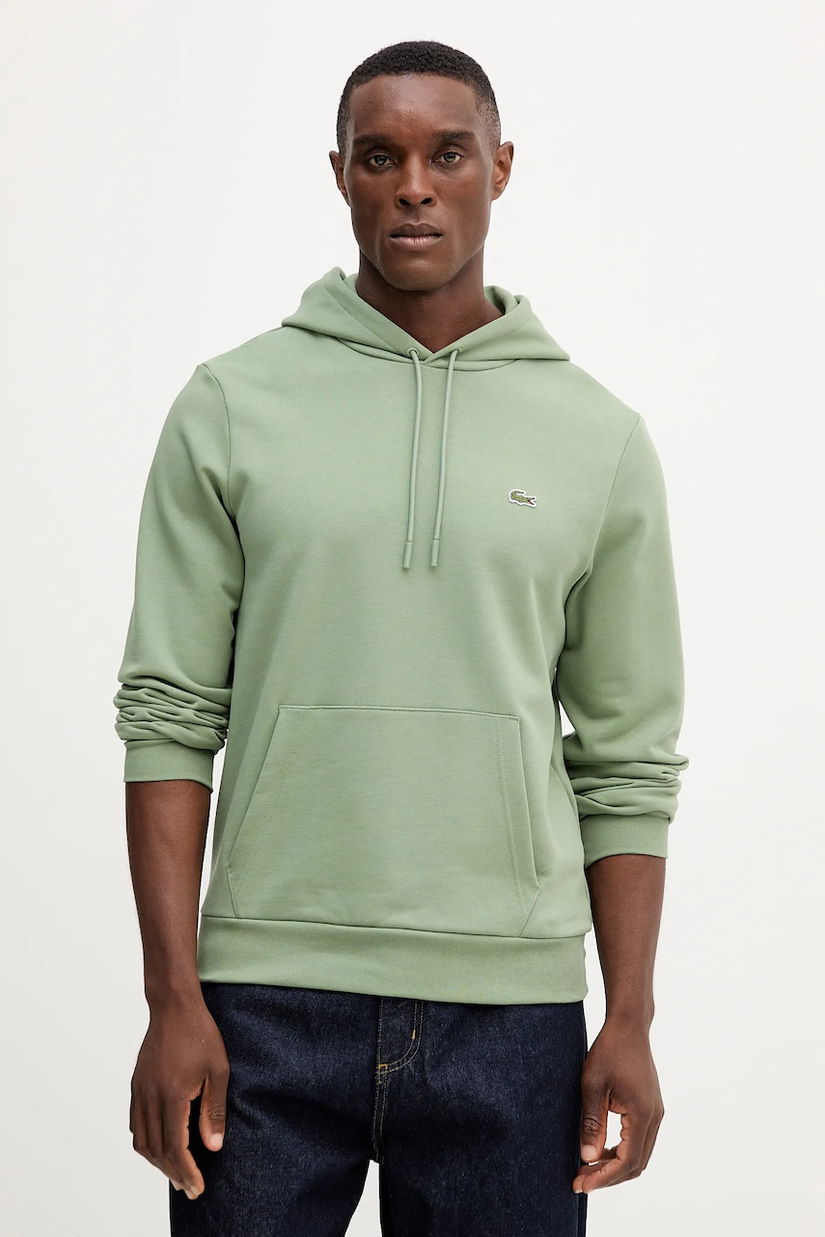 Lacoste hanorac de bumbac culoarea verde, cu glugă, uni, SH9839
