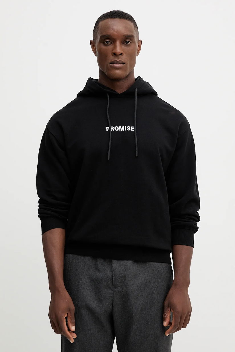 United Colors of Benetton hanorac de bumbac culoarea negru, cu glugă, cu imprimeu, 3Y9YU201Y