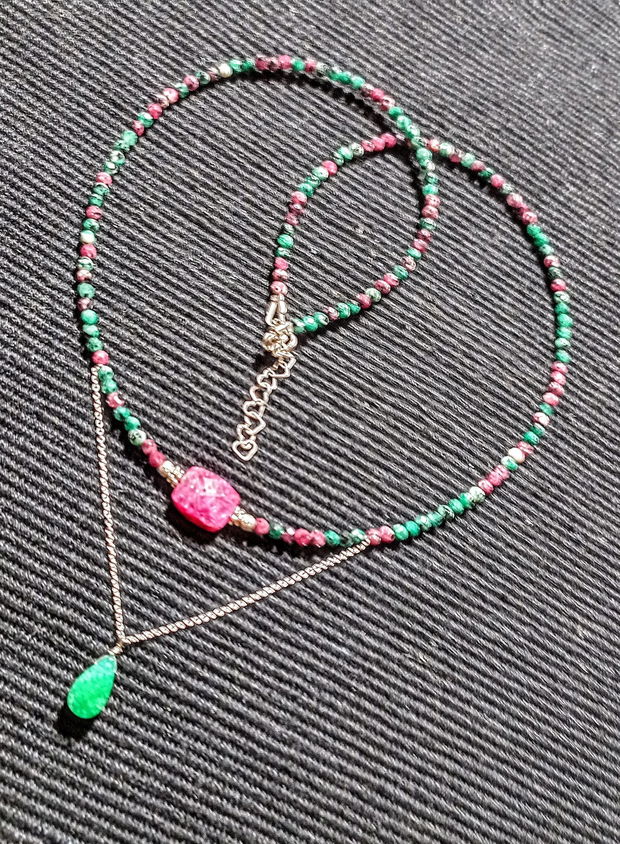 Colier argint rubin in zoisit rubelit turmalina roz jad picatura lant argint minimalist boho chic trendy - Transport gratuit