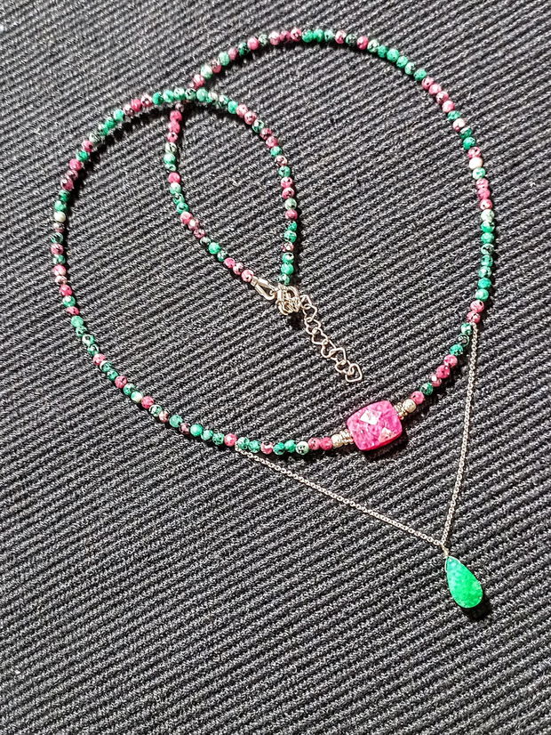 Colier argint rubin in zoisit rubelit turmalina roz jad picatura lant argint minimalist boho chic trendy - Transport gratuit