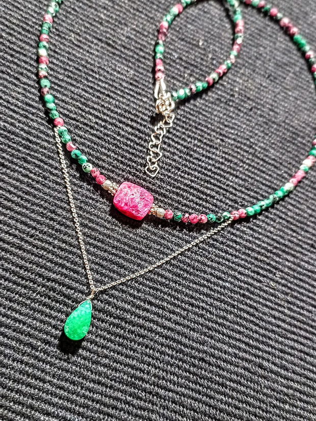 Colier argint rubin in zoisit rubelit turmalina roz jad picatura lant argint minimalist boho chic trendy - Transport gratuit