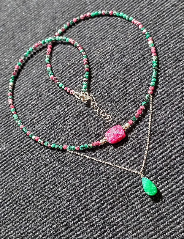 Colier argint rubin in zoisit rubelit turmalina roz jad picatura lant argint minimalist boho chic trendy - Transport gratuit