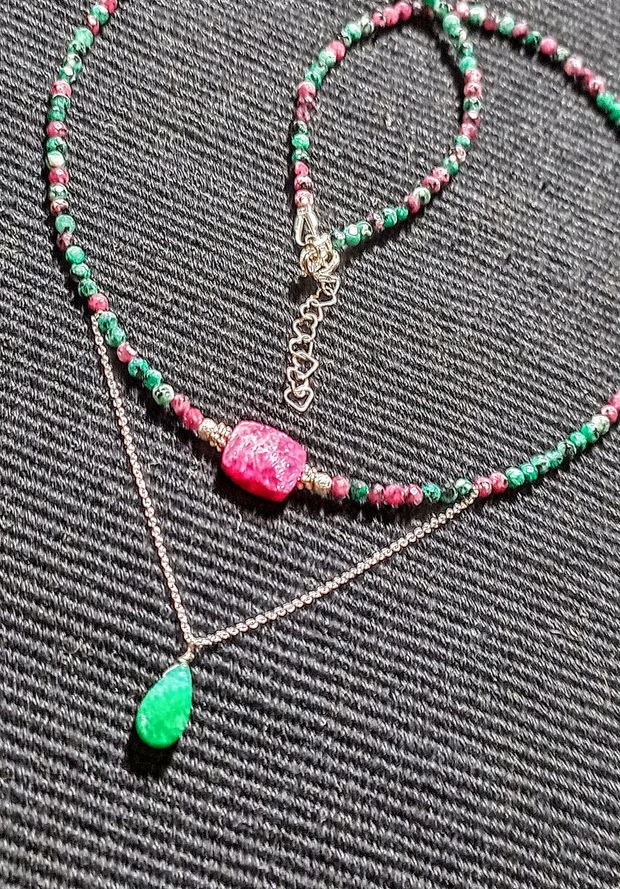 Colier argint rubin in zoisit rubelit turmalina roz jad picatura lant argint minimalist boho chic trendy - Transport gratuit