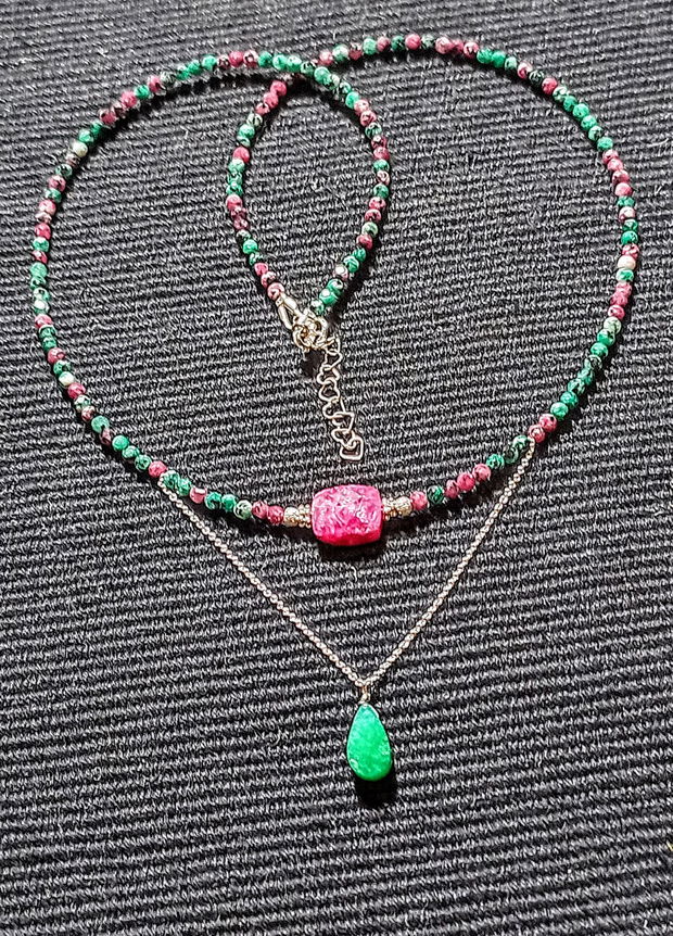 Colier argint rubin in zoisit rubelit turmalina roz jad picatura lant argint minimalist boho chic trendy - Transport gratuit
