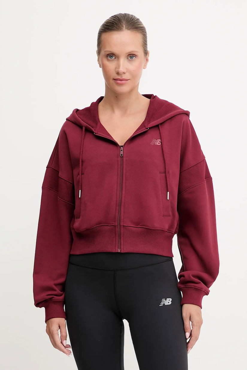 New Balance hanorac de bumbac culoarea bordo, cu glugă, uni, WJ51506MHB