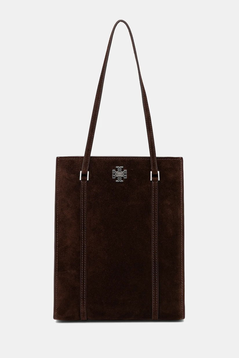 Tory Burch geantă de mână din piele întoarsă Kira Turnlock Suede culoarea maro, 169180.200
