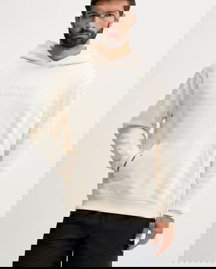 New Balance hanorac de bumbac culoarea bej, cu glugă, cu imprimeu, MT53925PEF