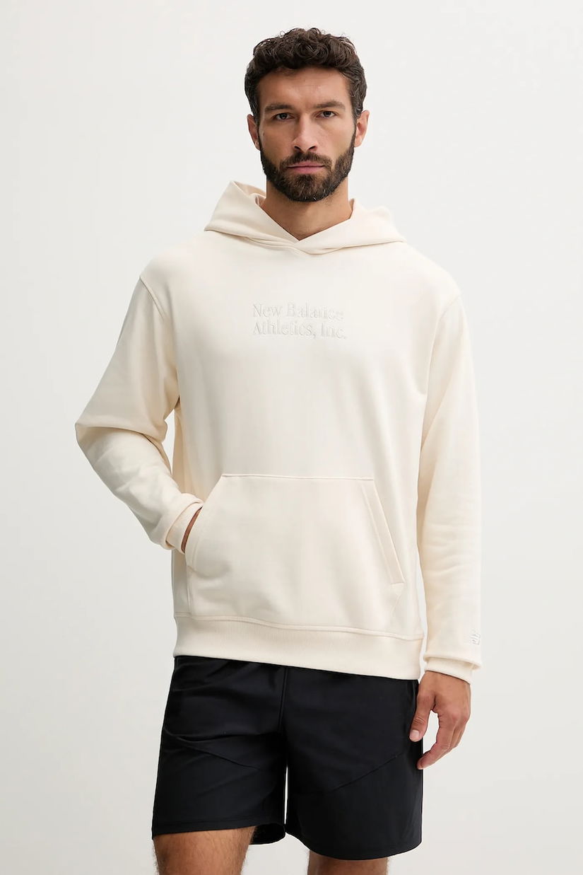 New Balance hanorac de bumbac culoarea bej, cu glugă, cu imprimeu, MT53925PEF