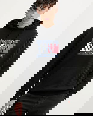 Tommy Jeans hanorac de bumbac culoarea negru, cu glugă, cu imprimeu, DM0DM22092