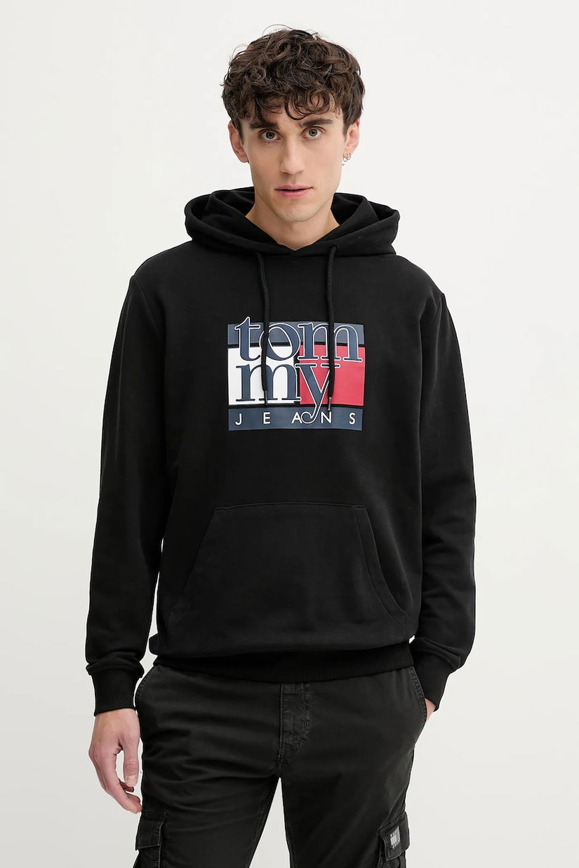 Tommy Jeans hanorac de bumbac culoarea negru, cu glugă, cu imprimeu, DM0DM22092