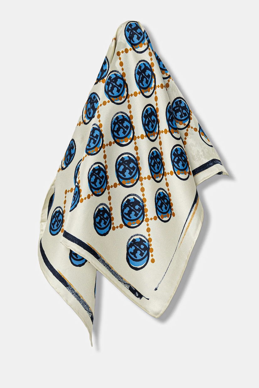 Tory Burch eșarfă de mătase Stamped T Monogram culoarea bej, cu model, 178248.100